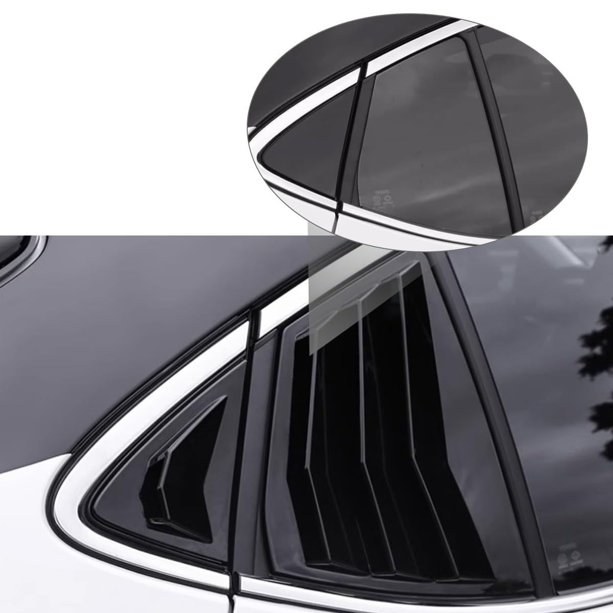 Close-up of rear side window louvers installed on Toyota Camry 2025-2026, showcasing sleek black ABS racing trim.
