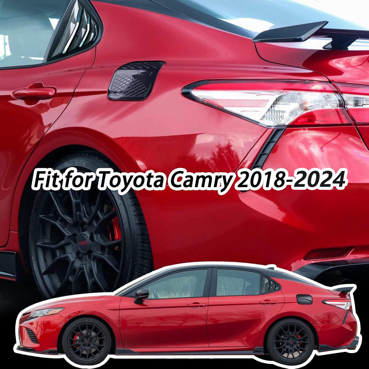 Toyota Camry 2018-2024 rear window louvers in carbon fiber shown on red car, enhancing sporty exterior styling.
