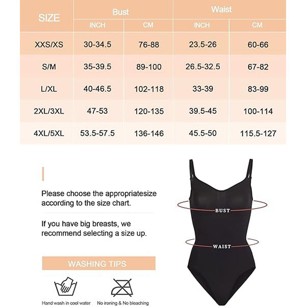 Size guide for black seamless tummy control bodysuit with bust and waist measurements and washing instructions.