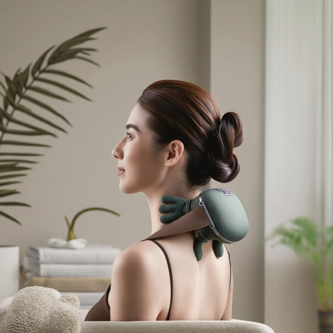 Woman using Bionic Heated Massager on neck, showcasing hands-free 4D Shiatsu massage with heat for back and shoulder relaxation.