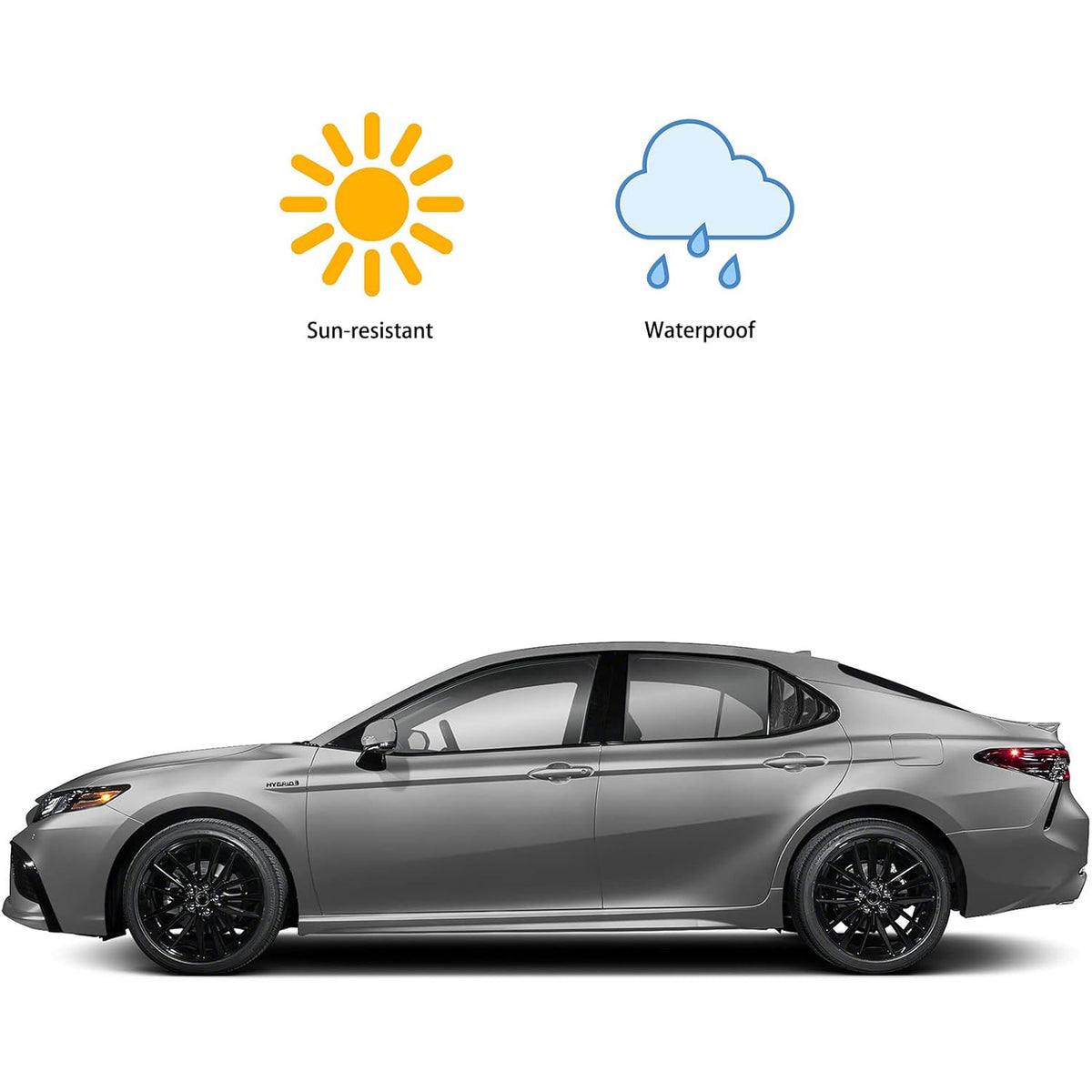 Side profile of Toyota Camry with rear window louvers installed, highlighting sun-resistant and waterproof features.
