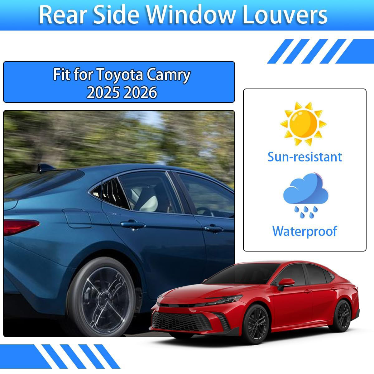 Rear side window louvers for Toyota Camry 2025-2026, sun-resistant and waterproof ABS trim for sporty exterior styling.