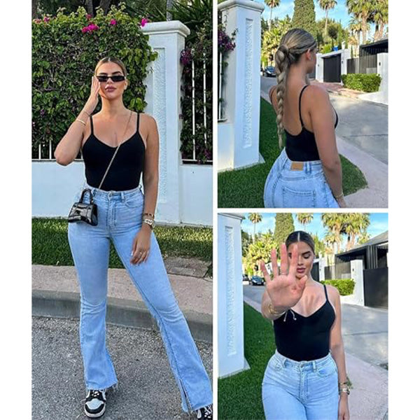 Model styling black Seamless Bodysuit - Tummy Control with jeans outdoors, showcasing its versatility for casual everyday outfits.