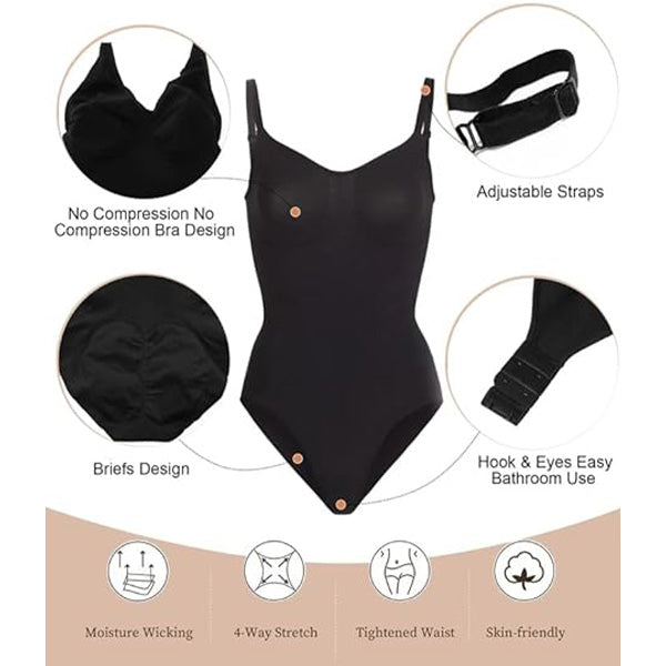 Feature diagram of black Seamless Tummy Control Bodysuit highlighting adjustable straps, hook closure, and no-compression bra design.