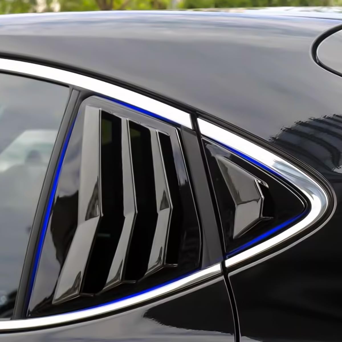Black ABS sport trim window louvers installed on Toyota Camry 2025-2026, enhancing rear side window with racing style.