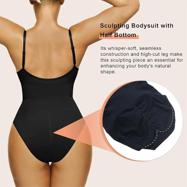 Close-up of sculpting bodysuit with half bottom design, emphasizing seamless construction and high-cut leg for natural body shaping.