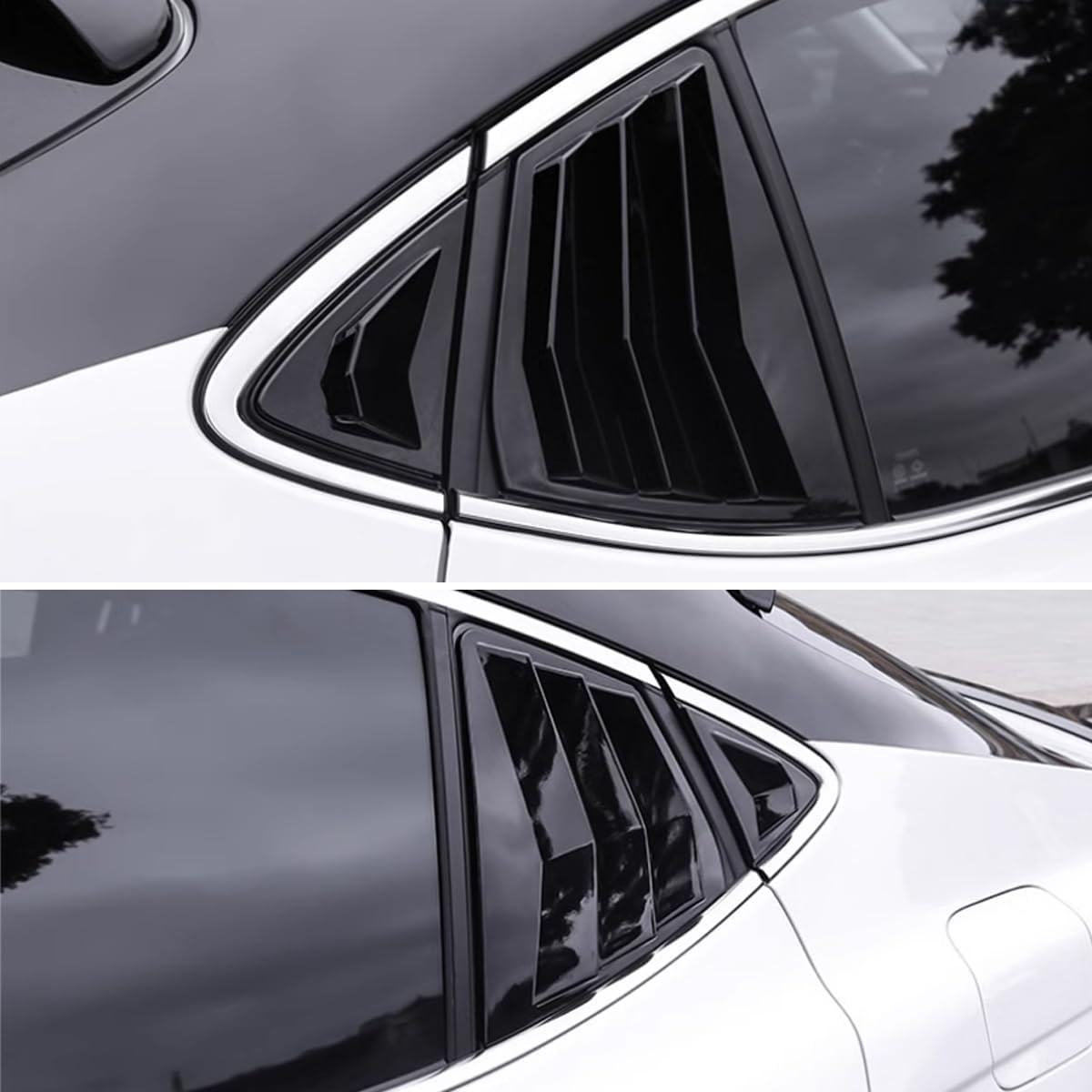 Before and after comparison of window louvers installed on Toyota Camry 2025-2026, showing upgraded sporty appearance.