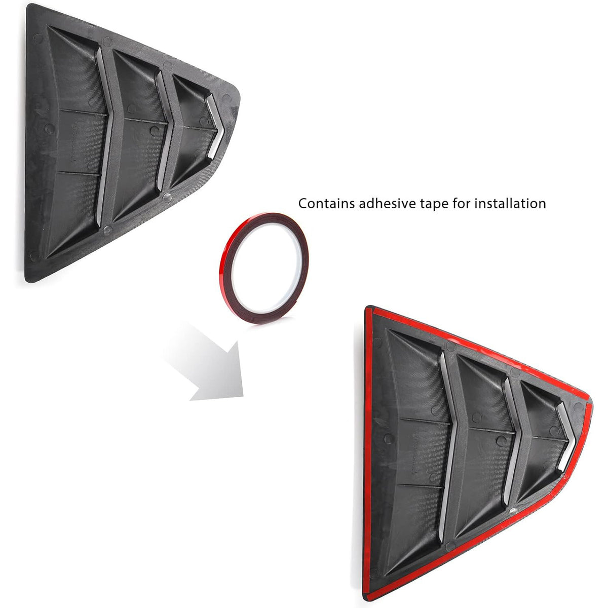 Back view of Toyota Camry louvers with adhesive tape included for easy no-drill installation.