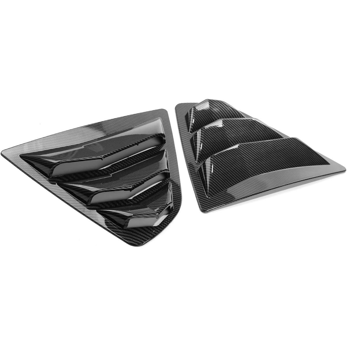 Pair of carbon fiber Toyota Camry rear window louvers with aerodynamic slats for sporty appearance.