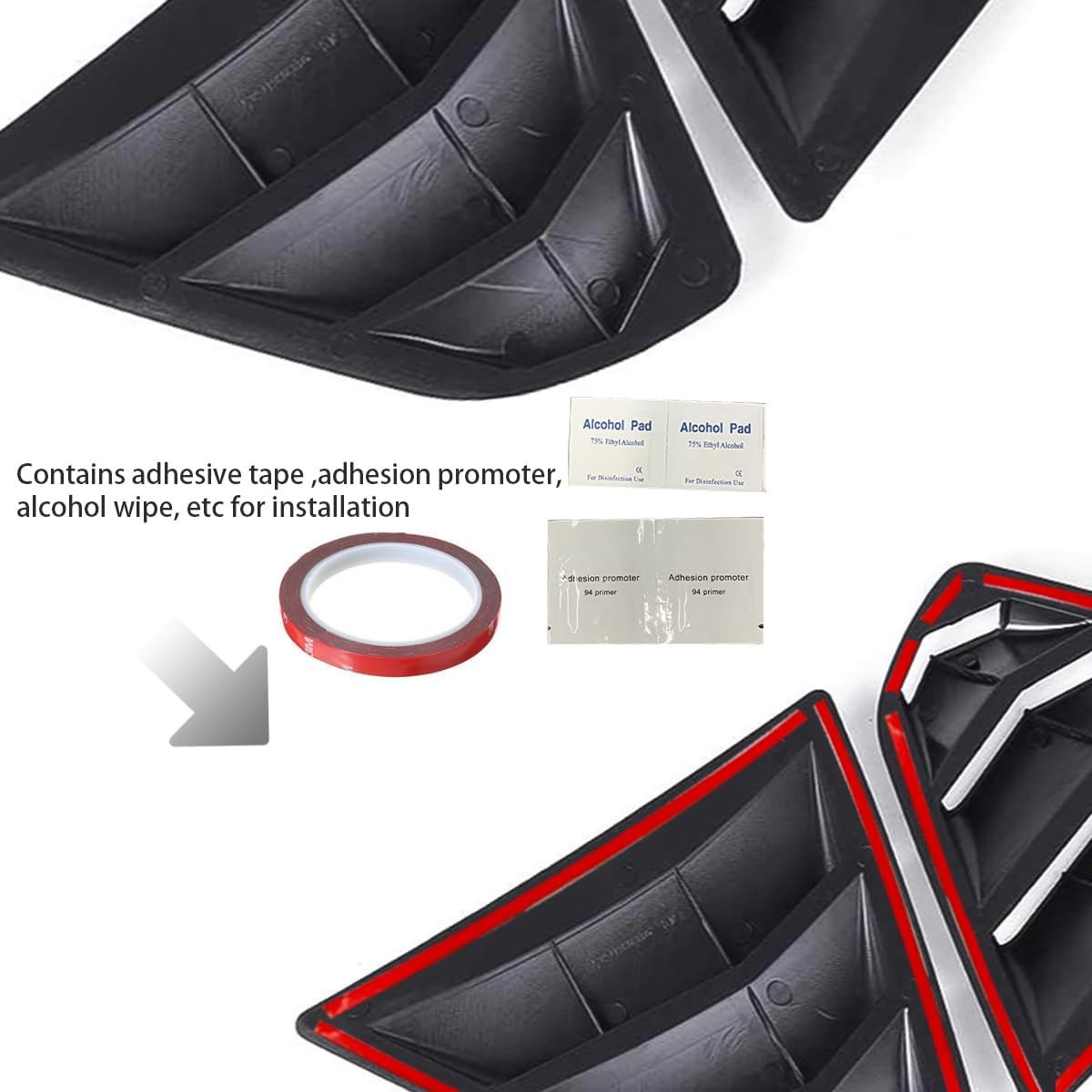 Installation kit for Toyota Camry 2025-2026 window louvers includes adhesive tape, alcohol wipes, and adhesion promoter.