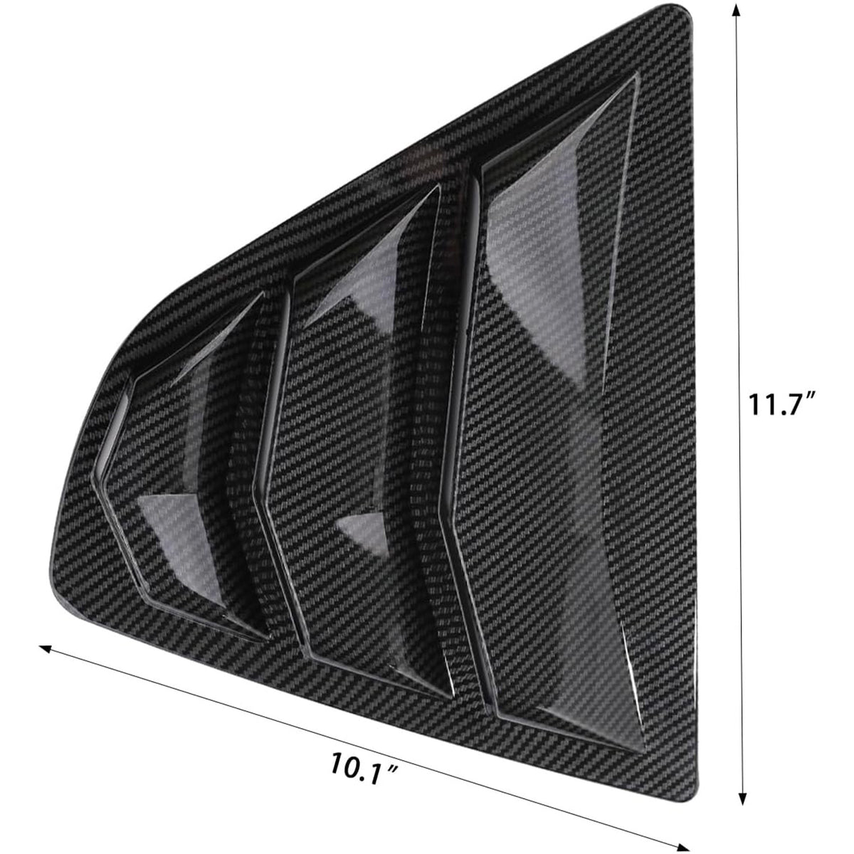 Dimensions of Toyota Camry rear window louver in carbon fiber, measuring 11.7 by 10.1 inches.