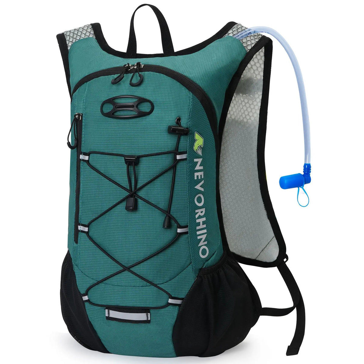 Greenish-blue hydration pack with 2L bladder and front bungee cord, lightweight and leakproof for outdoor recreation.