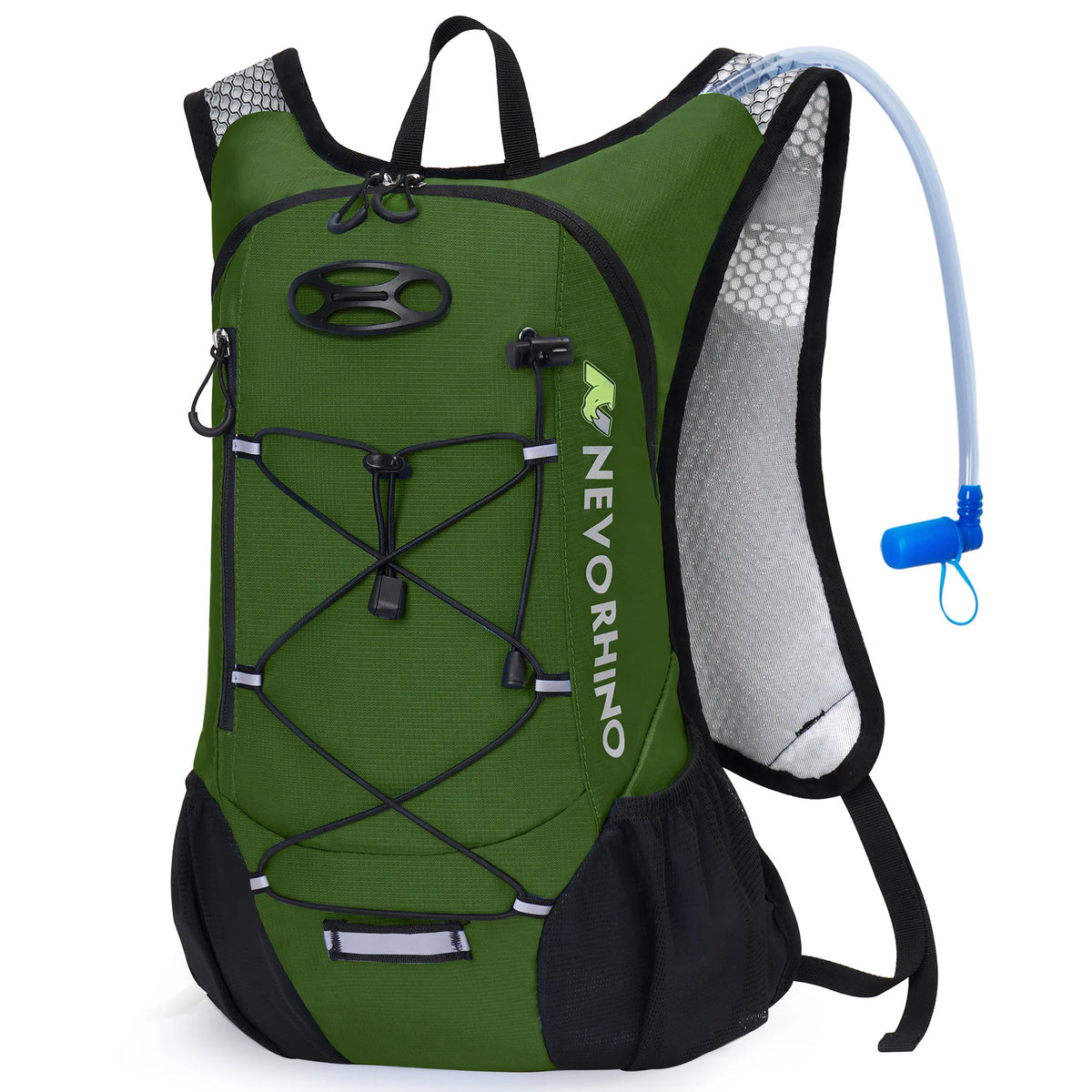 Green hydration backpack with 2L water bladder and reflective strap, perfect for cycling, hiking, and running.