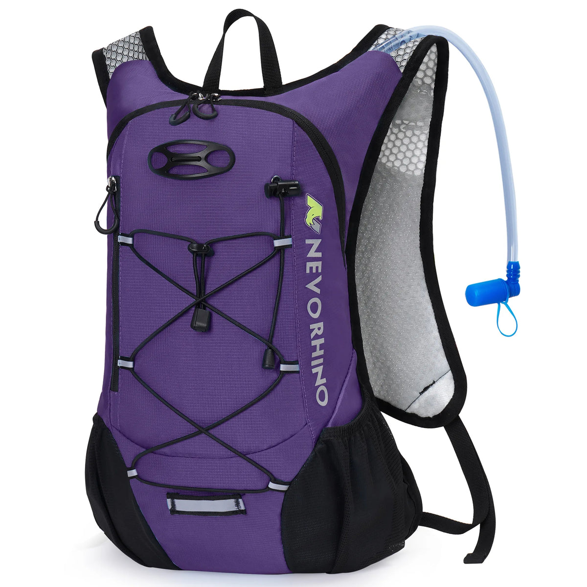 Purple hydration pack for cycling with 2L bladder and breathable mesh back, ideal for outdoor sports and fitness.