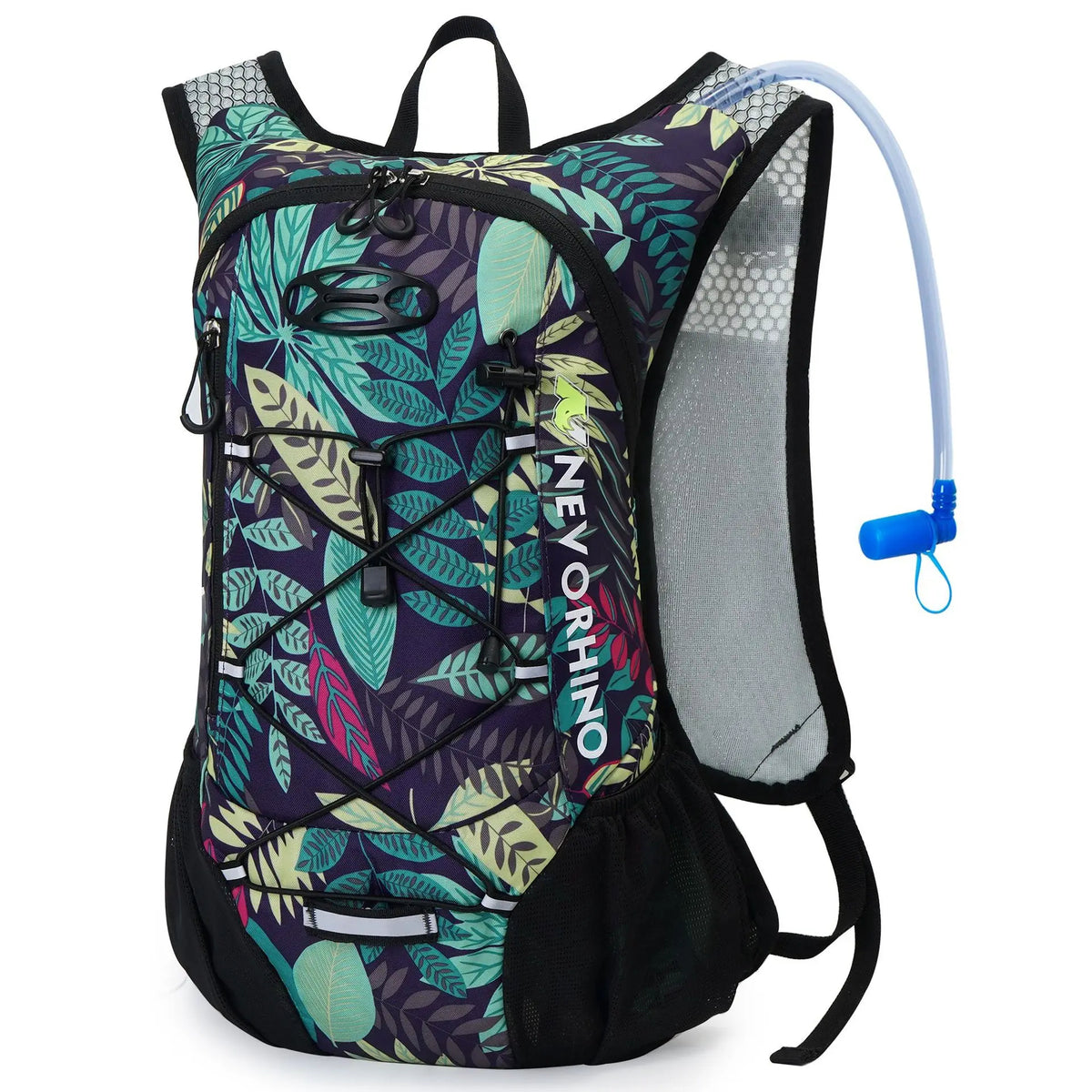 Floral-patterned hydration backpack with 2L bladder, leakproof and lightweight for cycling, hiking, and running.
