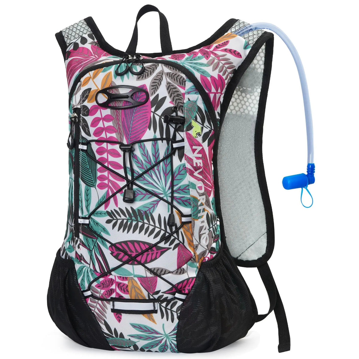 White floral hydration pack with 2L bladder and ergonomic fit, designed for women cyclists and outdoor adventurers.