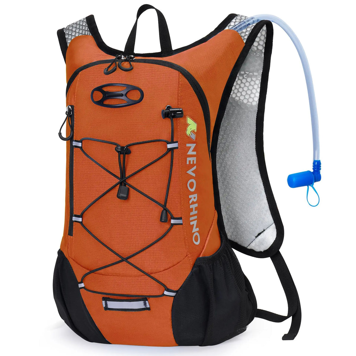 Orange hydration backpack with 2L bladder and black mesh sides, ideal for cycling, hiking, and trail running.
