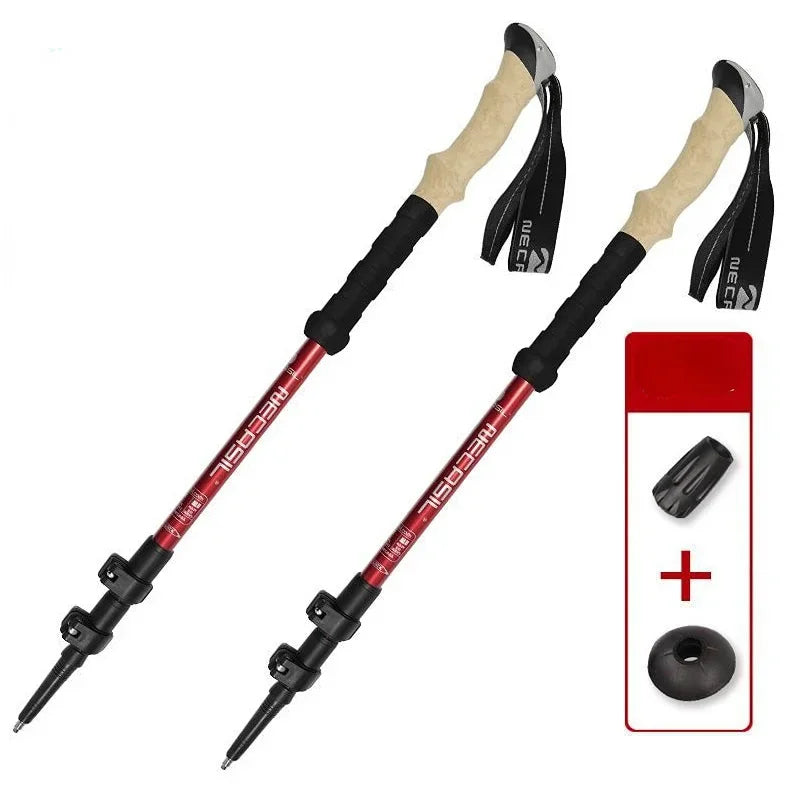 Red aluminum quick lock trekking poles with anti-shock design and sweat-absorbent handles, perfect for rugged hiking trails.