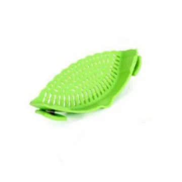 Green Silicone Strainer - Noodle Vegetable | Spill-Free Design with perforated surface for efficient draining of hot liquids.