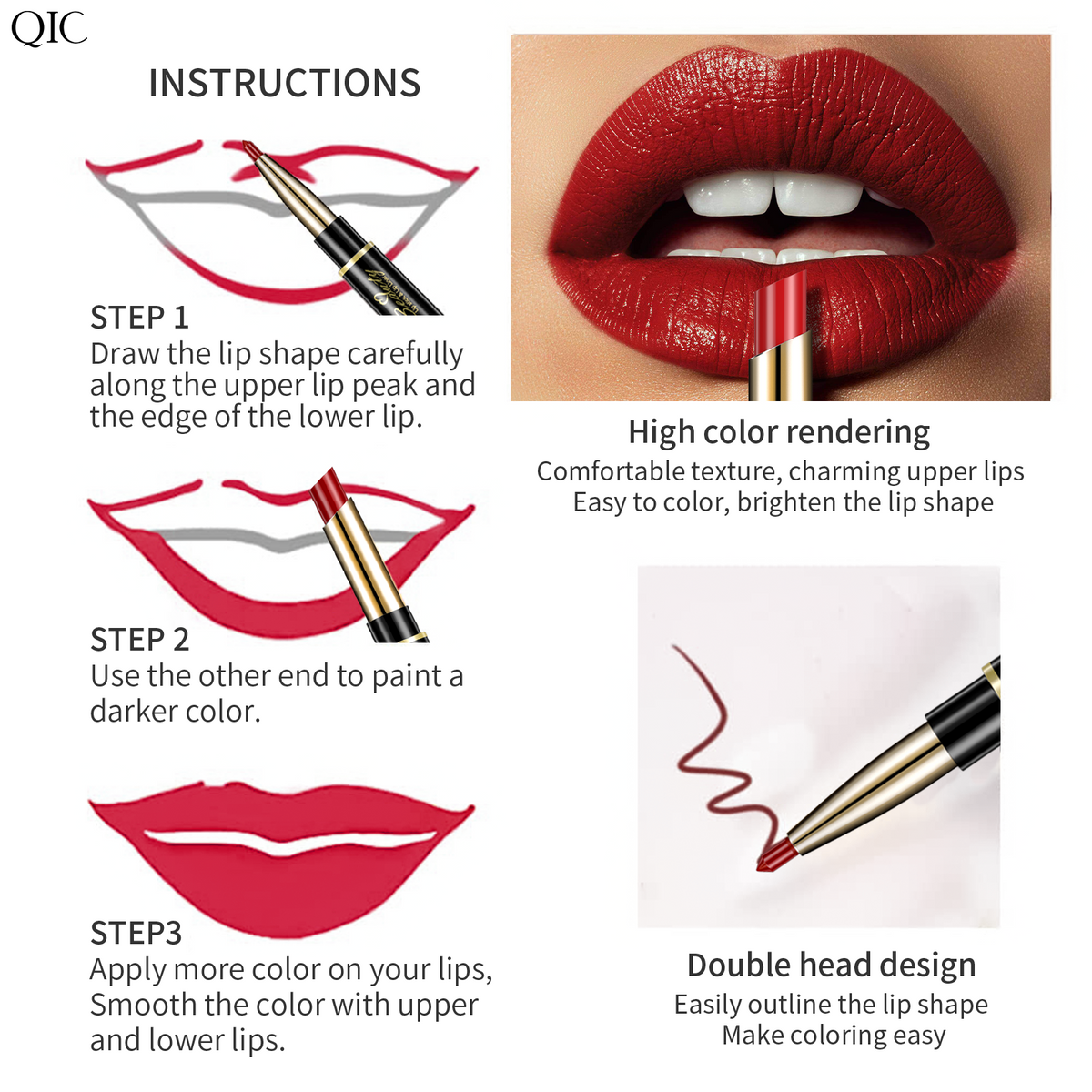 Step-by-step guide showing how to use the 2-in-1 Dual-Ended Lipstick & Liner Matte Waterproof & Transfer-Proof for precise lip shaping and coloring