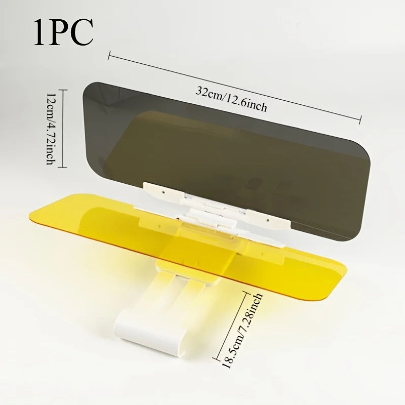 Single unit of dual-panel car sun visor glare shield with yellow and gray panels, labeled with dimensions for day and night driving use.