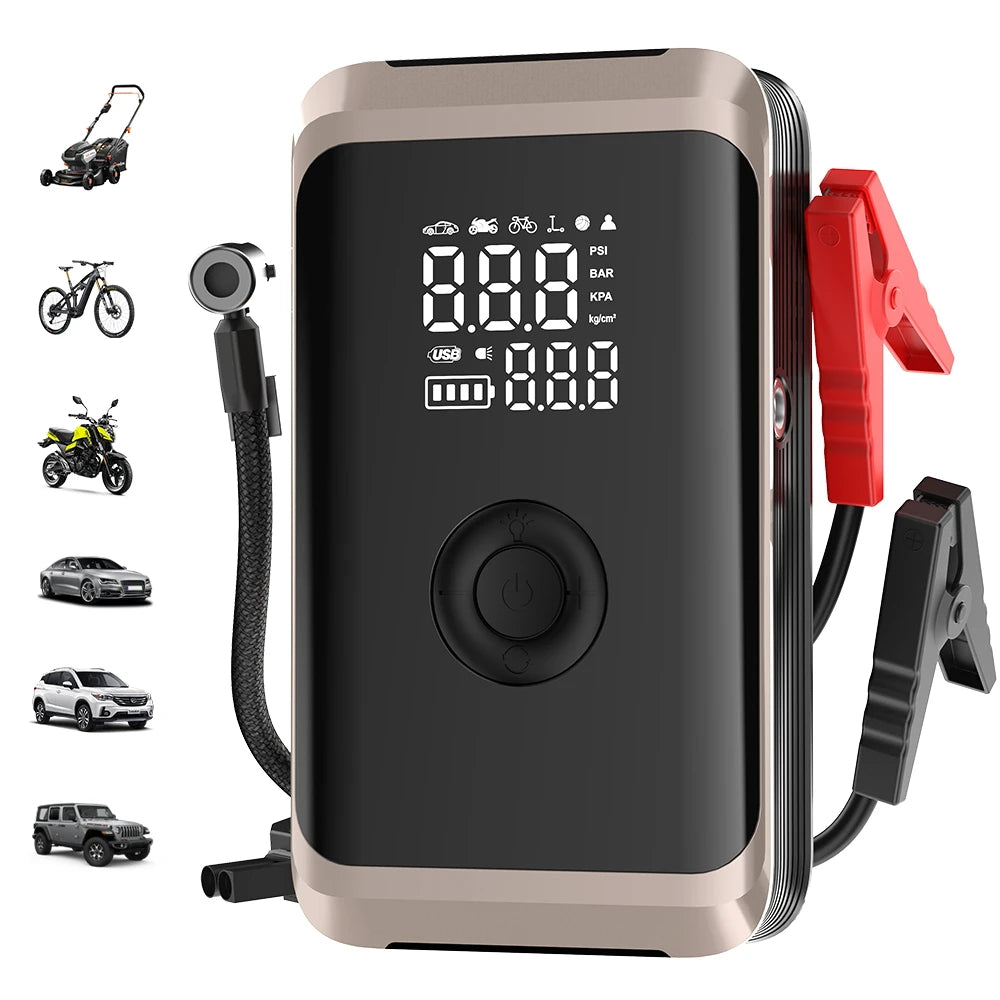 Multi-Function Car Jump Starter & Air Compressor with icons showing compatibility for cars, bikes, motorcycles, and lawn mowers.