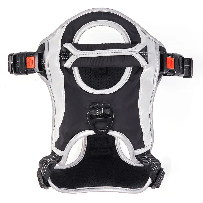 Top view of heavy duty no pull dog harness with reflective trim, breathable mesh, and reinforced handle for large dogs.