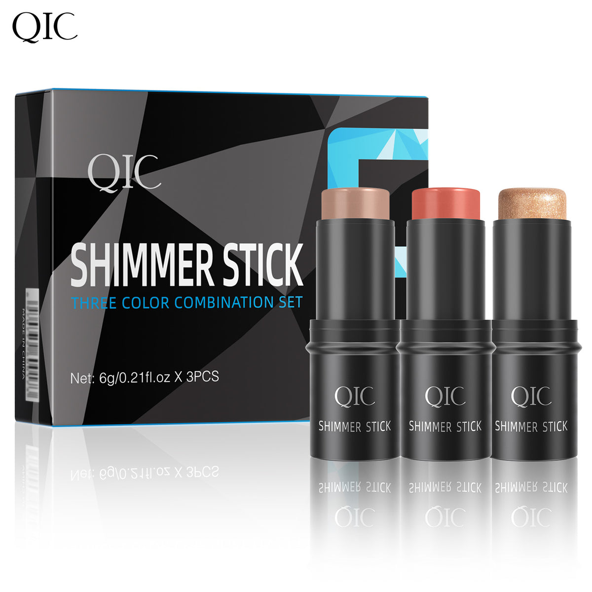 QIC Shimmer Stick 3-piece set for face makeup includes contour, blush, and highlighter sticks. Viral TikTok beauty hack.