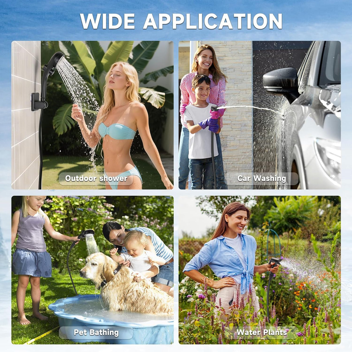 Portable shower pump used for outdoor showering, car washing, pet bathing, and watering plants, showcasing its wide application.