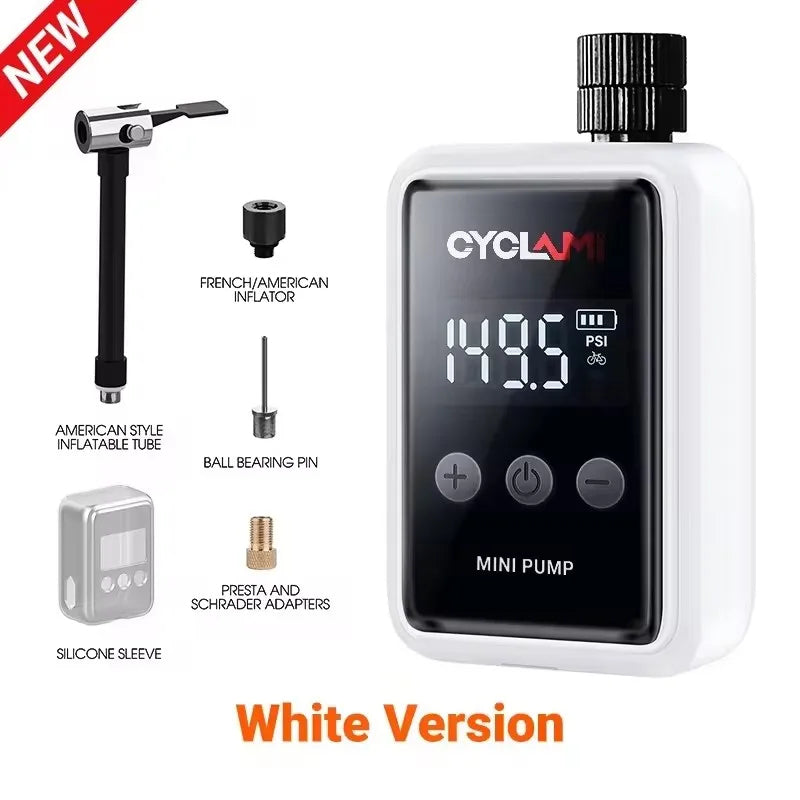 White version of the Mini Inflator - Portable Electric Bike Pump 150Psi with full accessory set for versatile inflation needs.