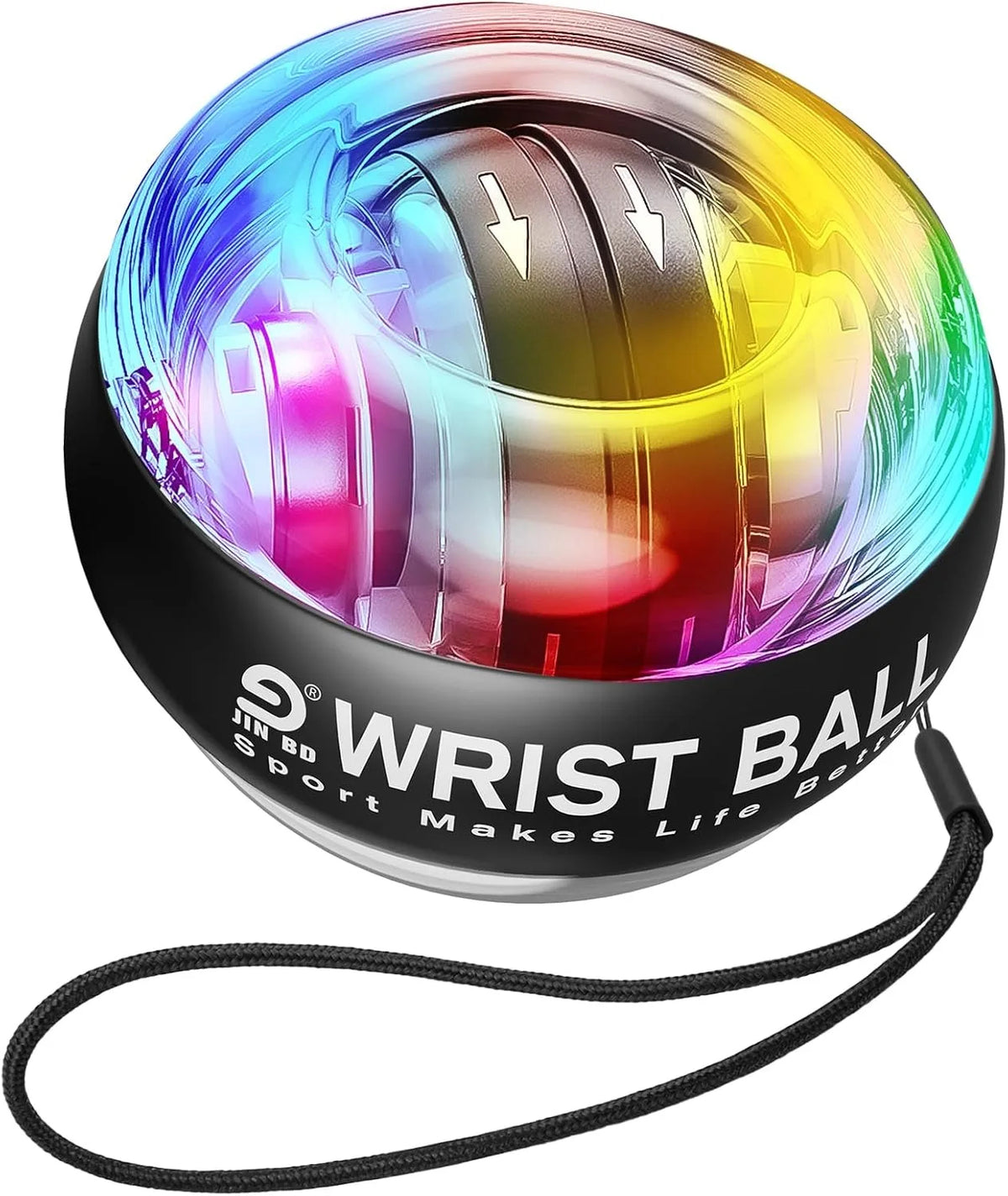 Multicolor LED Wrist Power Trainer Gyro Ball with strap, designed for forearm strength training and stress relief on the go.