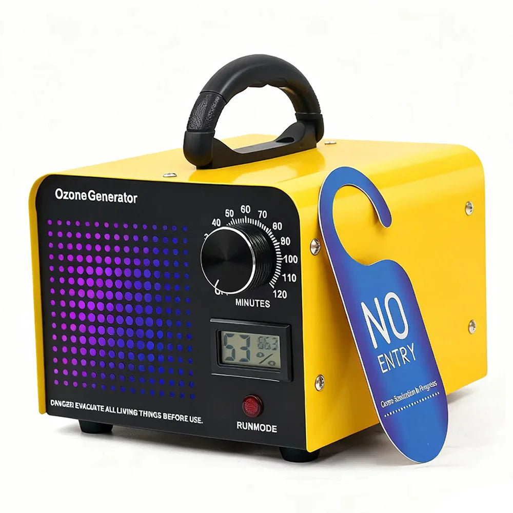 Yellow High Capacity Ozone Generator 60000mg/h featuring timer and LCD screen, suitable for odor removal in home and commercial use.