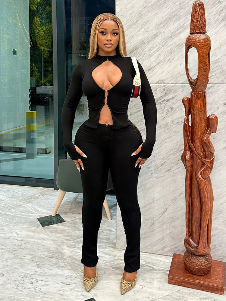 Black sexy 2-piece clubwear set with long sleeves and front cut-out design, flattering fit for women's night-out fashion.