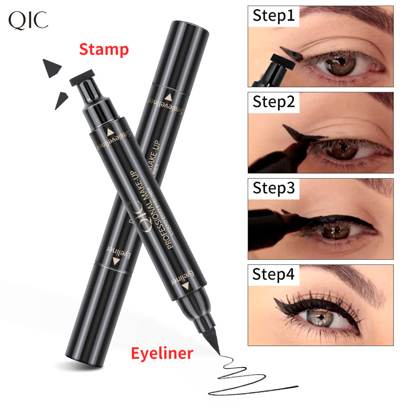 Step-by-step guide using 2-Swipe Cat Eye Hack Dual-Ended Magic Wand with stamp and eyeliner ends for flawless waterproof cat eye makeup.