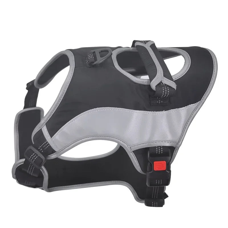 Reflective heavy duty no pull dog harness in black and gray, designed for large dogs with adjustable straps and breathable mesh.