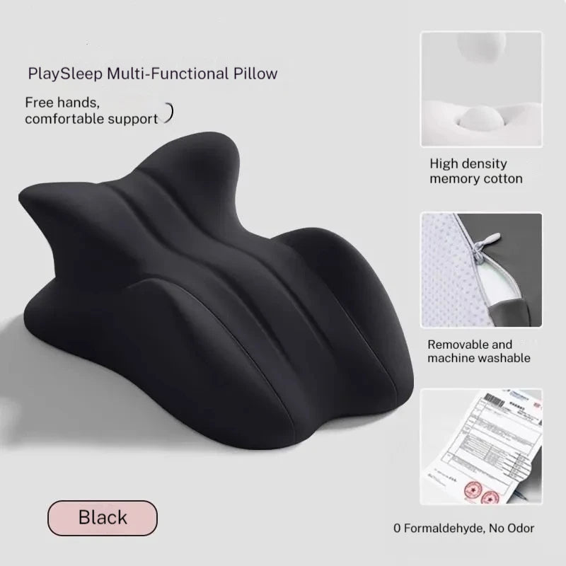 Black PlaySleep Multi-Functional Pillow with memory foam, machine-washable cover, and ergonomic design for couples' comfort and support.
