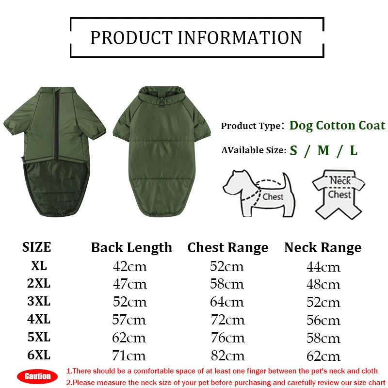 Green Large Dog Winter Jacket size chart with measurements for XL to 6XL. Warm vest designed for Labs, Dobermans, and large dogs.