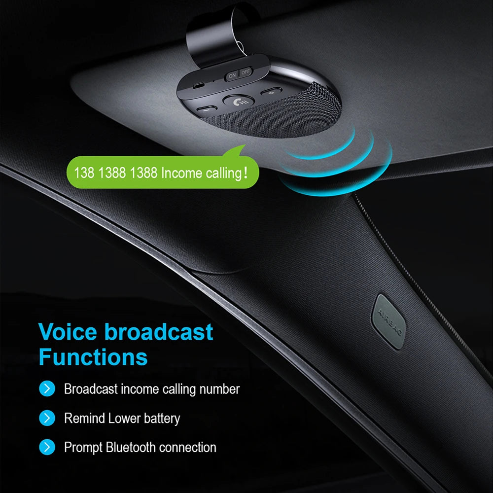 Hands-free Car Speakerphone Kit with voice broadcast functions for incoming calls, low battery alerts, and Bluetooth connection prompts.