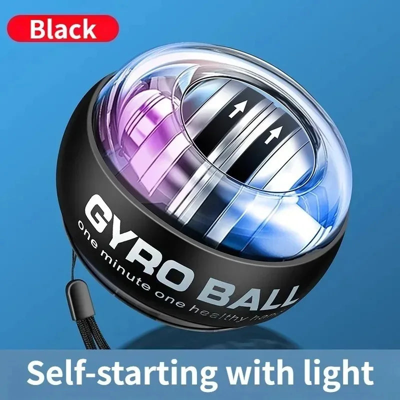 Black Gyro Ball Trainer featuring automatic start and glowing LED lights, designed to strengthen forearms and reduce stress.
