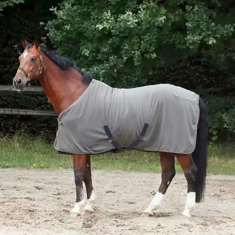 Warmth Horse Fleece Blanket shown on horse outdoors, offering soft polar flannel and secure fit for equestrian comfort and protection.