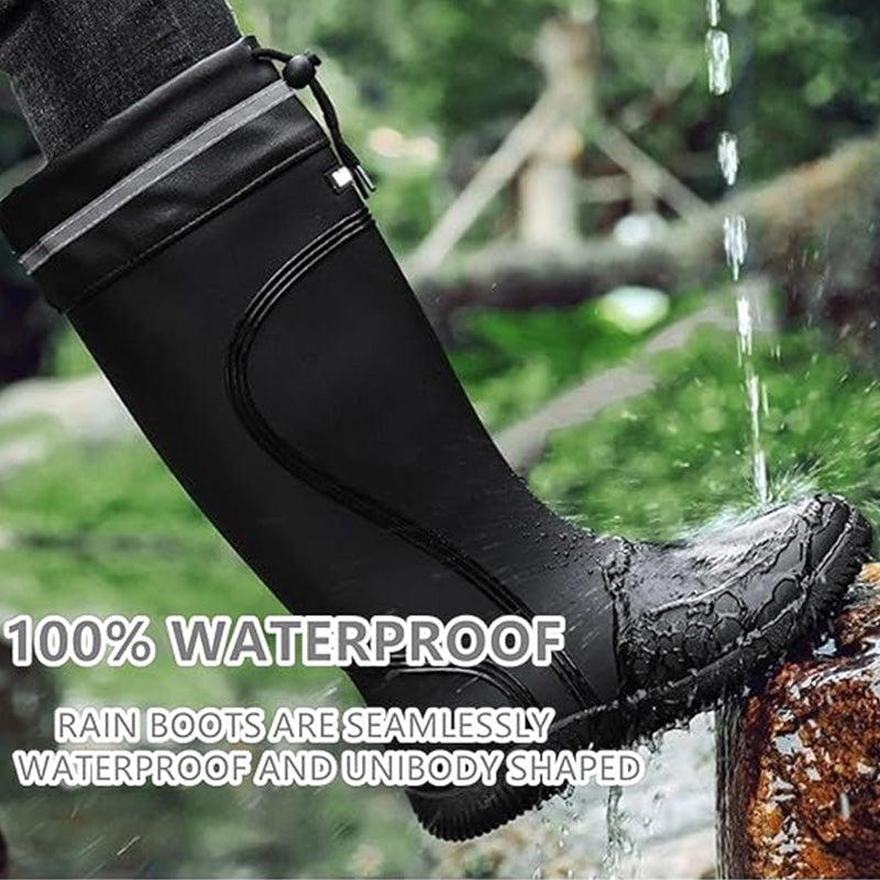 Waterproof Men's Rain Boots shown in wet outdoor use, highlighting seamless unibody design for full water resistance.