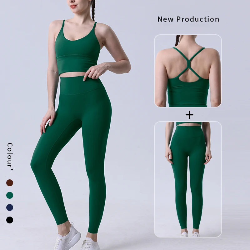 Full view of green yoga tracksuit 2pc set for women showing front and back design with cross-back straps and high-waist leggings.