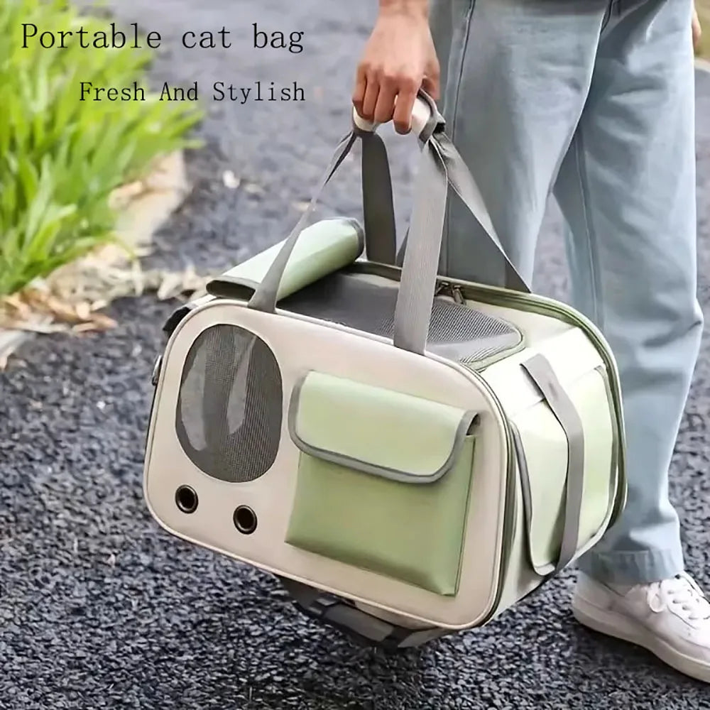 Man carrying a green travel pet carrier bag with mesh panels and shoulder straps, perfect for portable pet travel with cats and dogs.
