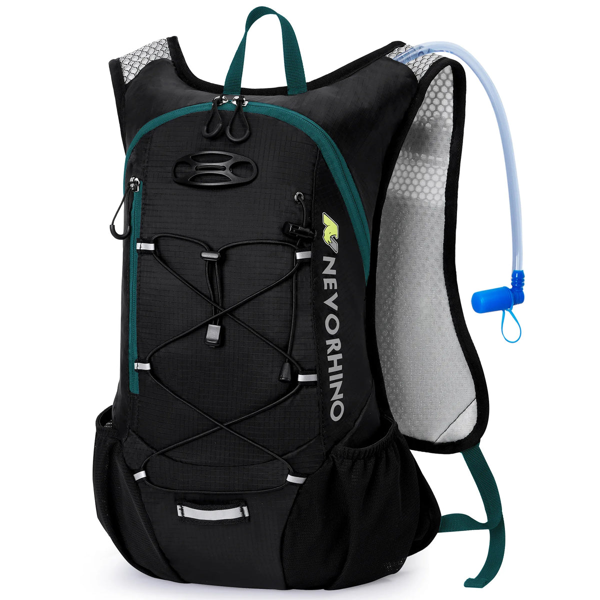 Black hydration backpack with green accents, 2L water bladder, breathable mesh back, perfect for cycling and outdoor sports.