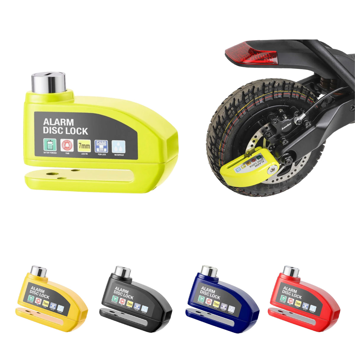 Electric scooter disc locks in five colors with waterproof anti-theft alarm, shown installed and displayed in product lineup.