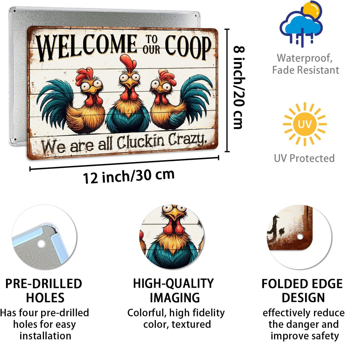 Funny Chicken Coop Tin Sign Decor, 8x12 inch metal sign with pre-drilled holes, UV protected and waterproof for indoor or outdoor use.
