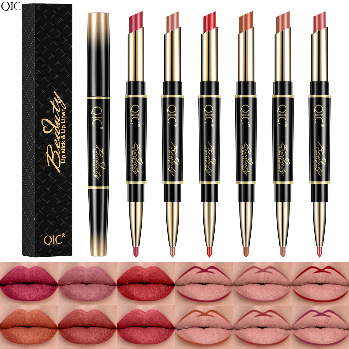 Full range of 2-in-1 Dual-Ended Lipstick & Liner Matte Waterproof & Transfer-Proof shades with lip swatches showing color payoff and finish