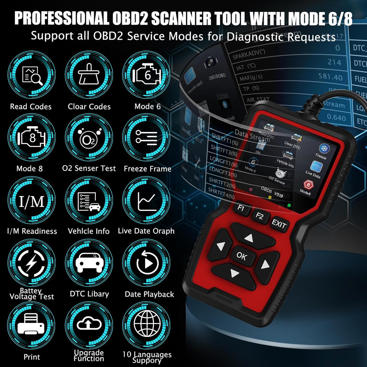 Professional OBD2 Scanner with Mode 6/8 support, offering live data graph, freeze frame, and 10 language compatibility for vehicle diagnostics.