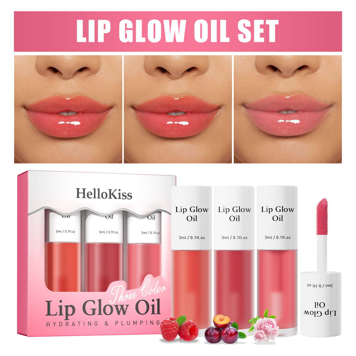 3-in-1 Scented Lip Oil Stain Set with hydrating glosses in three shades, shown with lip swatches and bold product branding.