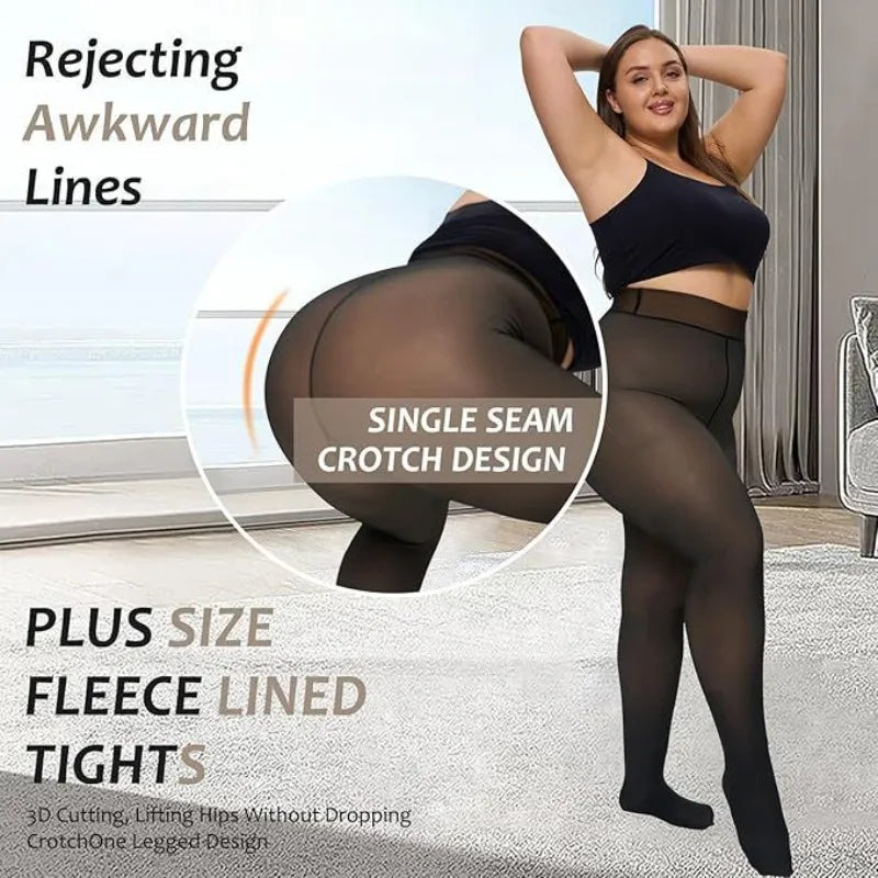 Plus size thermal fleece tights with single seam crotch design for smooth fit. Warm velvet leggings for everyday wear and comfort.